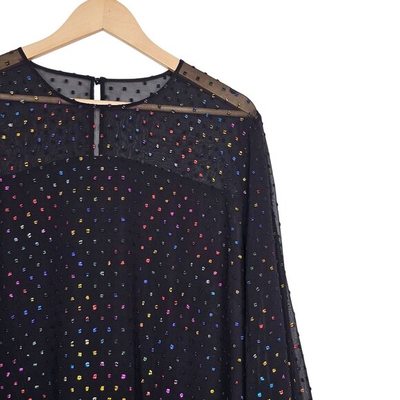 Trina Turk XL Black Rainbow Clip Dot Polkadot Tunic Top Sheer‎ Slit Bell Sleeve - Picture 15 of 15
